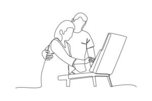 Continuous one-line drawing couple happy to paint together. Class it up concept. Single line drawing design graphic vector illustration