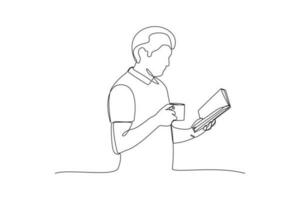 Continuous one-line drawing boy reading a book while drinking coffee. Book concept. Single line drawing design graphic vector illustration