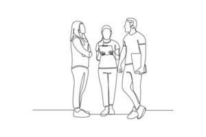 Single one-line drawing three students discussing. Diversity in college concept. Continuous line drawing illustration vector