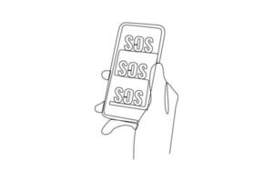 Continuous one-line drawing hand-holding Emergency SOS cellphone. Emergency SOS concept. Single line drawing design graphic vector illustration