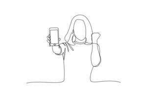 Single one-line drawing girl showing her cell phone. Mobile phone concept. Continuous line drawing illustration vector