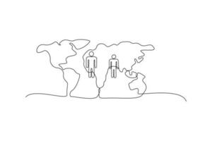 Continuous one-line drawing world map and human population. World population day concept. Single line drawing design graphic vector illustration