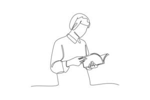 Continuous one-line drawing woman reading a book seriously. Book concept. Single line drawing design graphic vector illustration