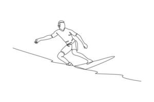 Continuous one-line drawing man surfing a big wave. Class it up concept. Single line drawing design graphic vector illustration