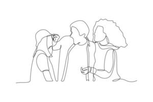 Single one-line drawing three friends joking together. Diversity in college concept. Continuous line drawing illustration vector