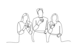 Single one-line drawing three college students studying with cell phones. Diversity in college concept. Continuous line drawing illustration vector