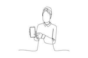 Single one-line drawing woman showing interesting things on her cellphone. Mobile phone concept. Continuous line drawing illustration vector