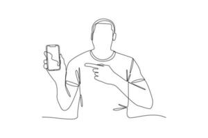 Single one-line drawing excited man showing his cell phone. Mobile phone concept. Continuous line drawing illustration vector