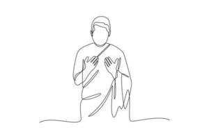 Single one-line drawing pilgrims praying in Mecca. Hajj and Umrah activity concept. Continuous line drawing illustration vector