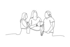 Single one-line drawing three students discussing on campus. Diversity in college concept. Continuous line drawing illustration vector