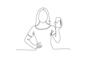 Single one-line drawing happy woman showing her cell phone. Mobile phone concept. Continuous line drawing illustration vector