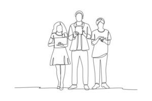 Single one-line drawing difference in using a handheld device. Diversity in college concept. Continuous line drawing illustration vector