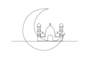 Single one-line drawing of a mosque and crescent moon. Islamic new year concept. Continuous line drawing illustration vector