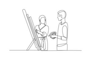 Continuous one-line drawing couple learning to paint. Class it up concept. Single line drawing design graphic vector illustration