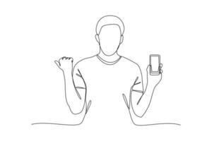 Single one-line drawing man holding a cell phone. Mobile phone concept. Continuous line drawing illustration vector