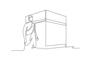 Single one-line drawing a man surrounding the Kaaba. Hajj and Umrah activity concept. Continuous line drawing illustration vector