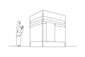 Single one-line drawing woman praying to stand in front of Kaaba. Hajj and Umrah activity concept. Continuous line drawing illustration vector
