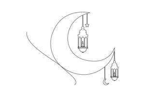 Single one-line drawing moon and Muharam hanger. Islamic new year concept. Continuous line drawing illustration vector