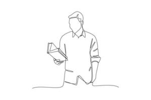 Continuous one-line drawing boy standing reading a book. Book concept. Single line drawing design graphic vector illustration