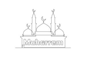 Single one-line drawing mosque with Muhafram decorations. Islamic new year concept. Continuous line drawing illustration vector