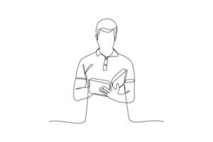 Continuous one-line drawing man reading a book in the library. Book concept. Single line drawing design graphic vector illustration