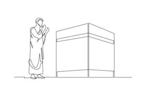 Single one-line drawing men pray fervently. Hajj and Umrah activity concept. Continuous line drawing illustration vector