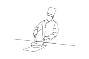 continuo una línea dibujo cocinero es cocinando. clase eso arriba concepto. soltero línea dibujo diseño gráfico vector ilustración