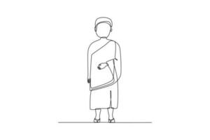 Single one-line drawing a boy wearing pilgrim clothes. Hajj and Umrah activity concept. Continuous line drawing illustration vector