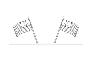 Single one-line drawing two USA flags fluttering. Independent day USA concept. Continuous line drawing illustration vector