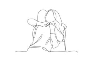 Continuous one-line drawing of female friends hugging. Friendship Day concept. Single line drawing design graphic vector illustration