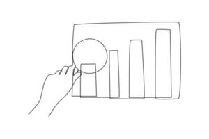 Continuous one-line drawing business chart viewed with magnifying glasses. Business charts concept. Single line drawing design graphic vector illustration