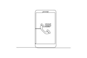 Continuous one-line drawing emergency SOS on the phone. Emergency SOS concept. Single line drawing design graphic vector illustration