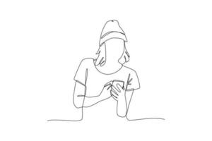 Single one-line drawing busy woman playing cellphone. Mobile phone concept. Continuous line drawing illustration vector