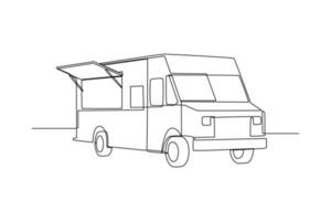 Single one-line drawing food truck with open windows. Food truck concept. Continuous line drawing illustration. vector