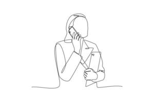 Single one-line drawing woman is calling on a mobile phone. Mobile phone concept. Continuous line drawing illustration vector