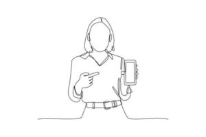 Single one-line drawing woman pointing at mobile phone. Mobile phone concept. Continuous line drawing illustration vector