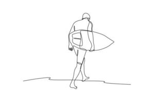 continuo una línea dibujo Niños Vamos surf a el playa. clase eso arriba concepto. soltero línea dibujo diseño gráfico vector ilustración