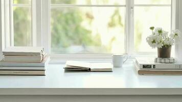 White table with books, stationery and copy space in darkened think approximately room. Video Animation