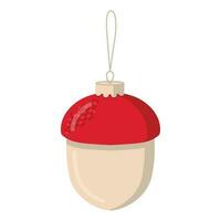 Christmas toy beige acorn with a red hat. Vector Christmas illustration.