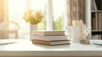 White table with books, stationery and duplicate space in obscured think about room. Video Animation