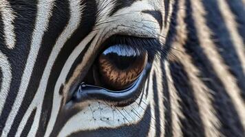 närbild skott av en zebra öga. ai genererad video