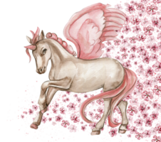 White unicorn with pink wings and pink flowers. For nursery, baby shower, invitation for birthday party. Watercolor illustration for greeting card, posters, stickers, packaging. png