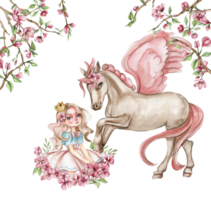 White unicorn with pink wings and pink flowers. For nursery, baby shower, invitation for birthday party. Watercolor illustration for greeting card, posters, stickers, packaging. png