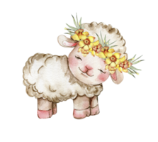 Watercolor white fluffy sheep with wreath made from yellow narcissus flowers on its head. Illustration of farm baby animal. Perfect for wedding invitation,greetings card,poster, fabric patterns. png