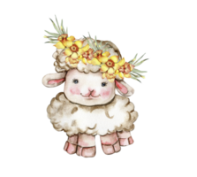 acuarela blanco mullido oveja con guirnalda hecho desde amarillo narciso flores en sus cabeza. ilustración de granja bebé animal. Perfecto para Boda invitación, saludos tarjeta, cartel, tela patrones. png