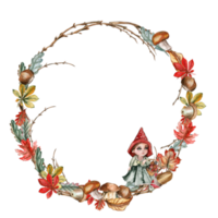 Fall wreath, for cards, backgrounds. Watercolor illustration for scrapbooking. Cartoon hand drawn background with flower for kids design. Perfect for wedding invitation. png