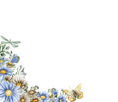sommar kamomill blommor hornhinnor. vattenfärg illustration för scrapbooking, kort, bakgrunder. tecknad serie hand dragen bakgrund med sommar blomma för barn design. perfekt för bröllop inbjudan. png