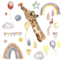 Watecolor hand drawn giraffe illustration and rainbow. png