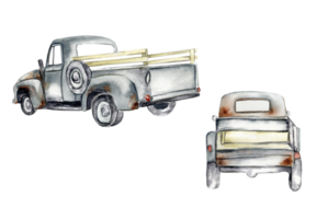 Vintage watercolor gray trucks set, hand drawn illustration of old retro car . Perfect for scrapbooking, kids design, wedding invitation, posters, greetings cards. png