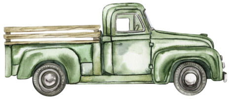 Vintage watercolor green truck. png